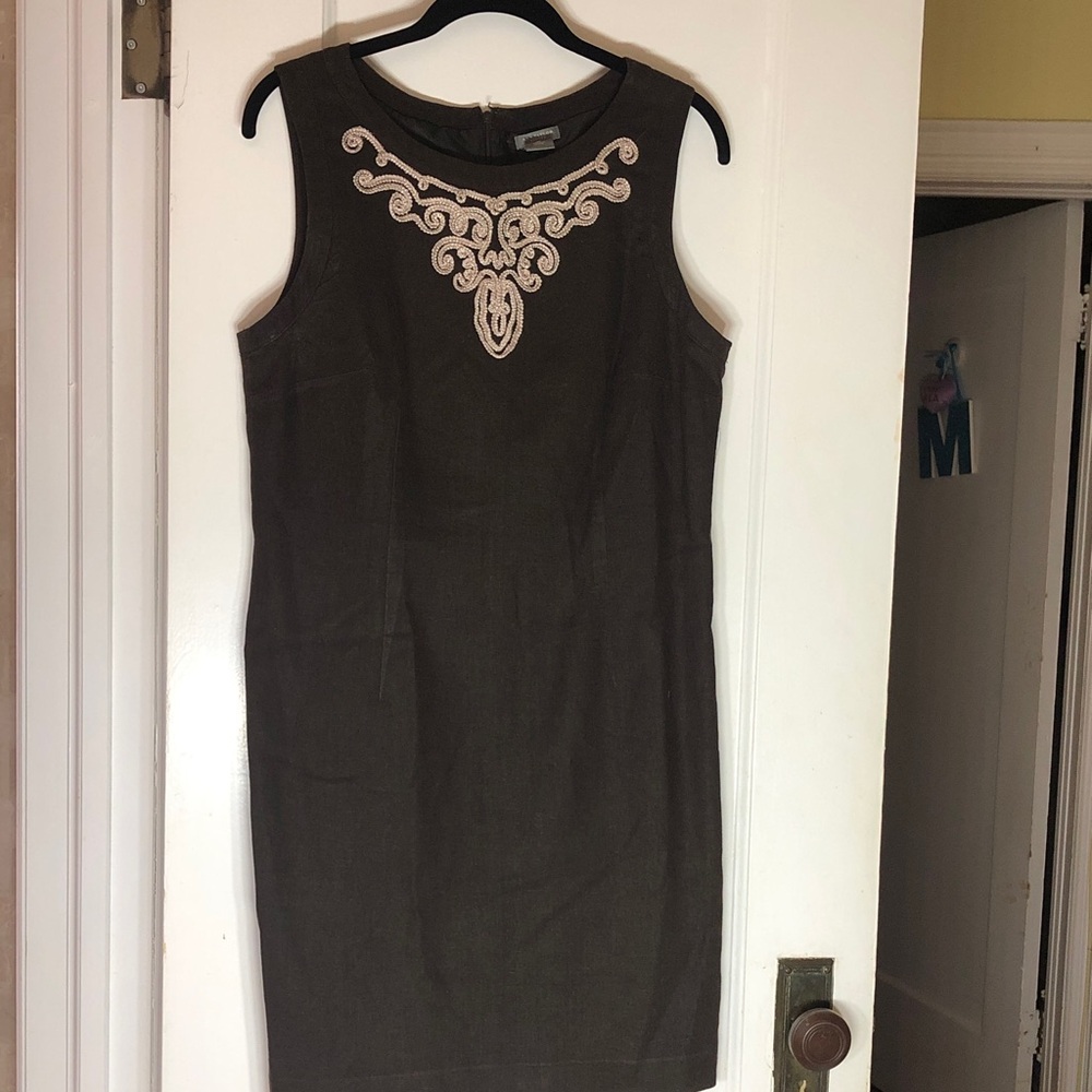 Ann Taylor Brown Midi Sheath Dress with Cream Embroidery